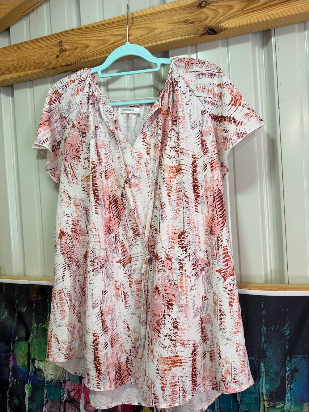 Women's Pink Abstract Print V-Neck Tunic Top